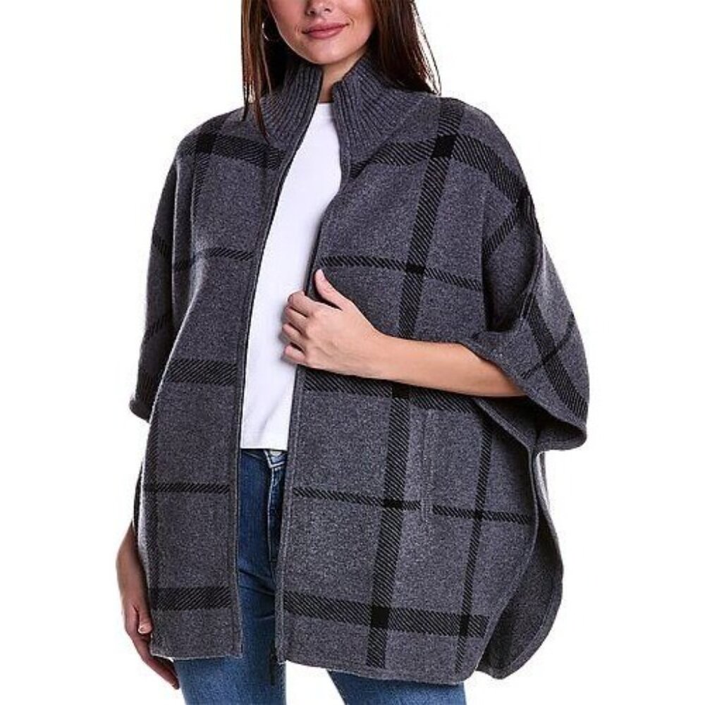 Cape Poncho Layer Forté Cashmere Womens Gray & Black Plaid OS EUC